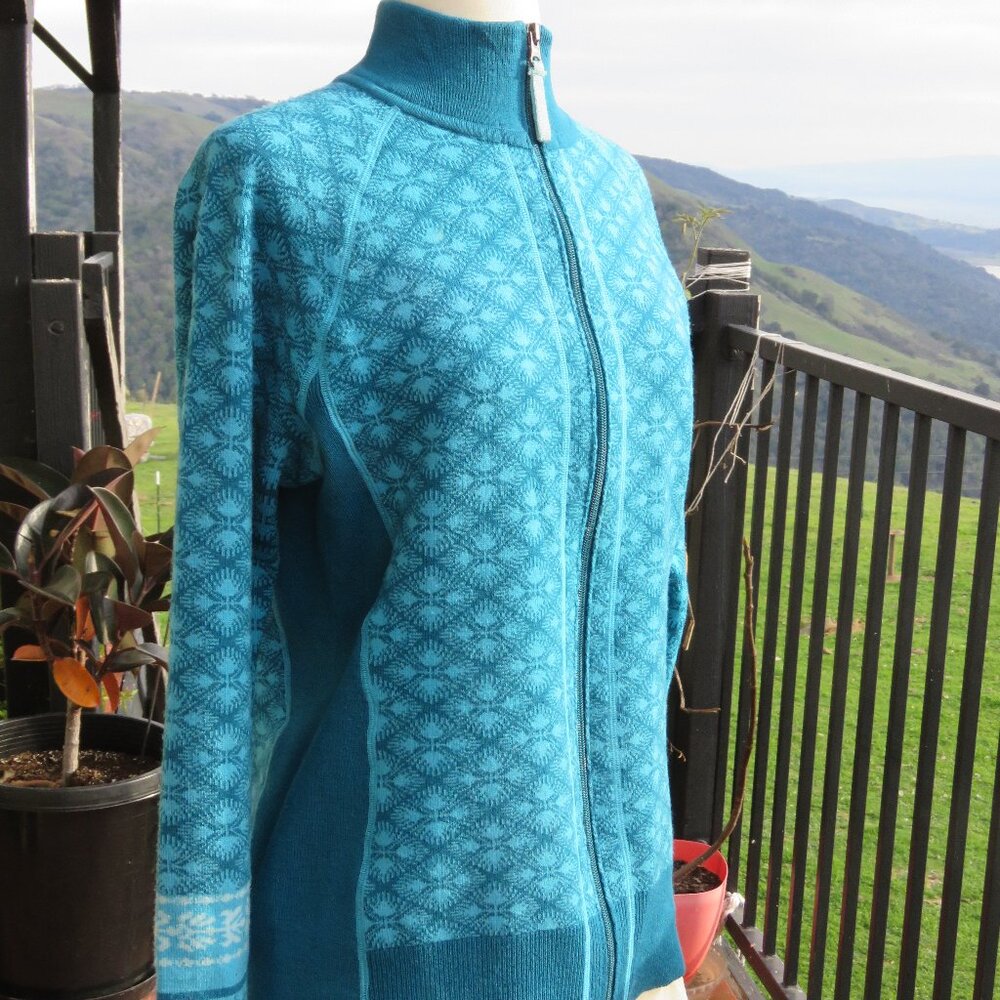 Athleta XL Blue Fair Isle Nordic Zip Sweater Cardigan Jacket Womens Wool